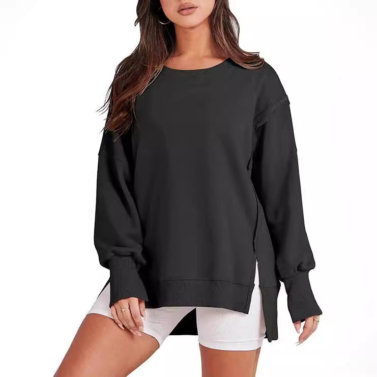 Frayed Hem Split Patchwork Long Sleeve Sweater