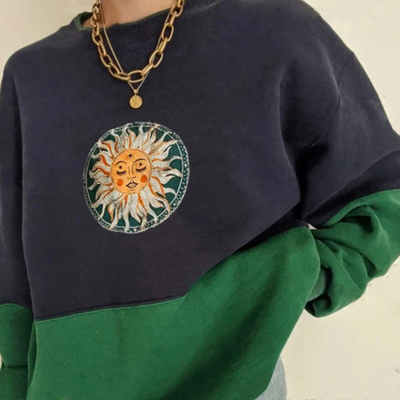 Retro Navy Blue Contrast Stitching Hoodie-Free Sweatshirt