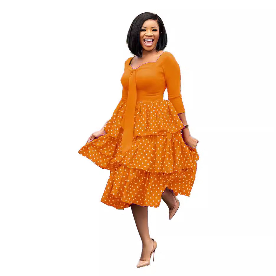 Elegant Polka-Dot African-Style Long Sleeve Dress
