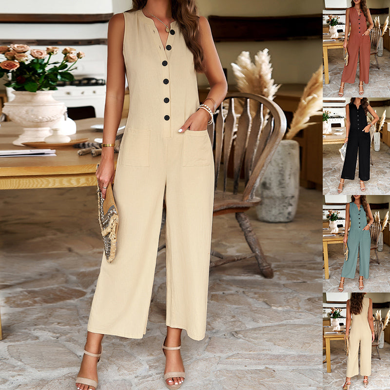 Chic Sleeveless Button-Design Wide Leg Jumpsuit