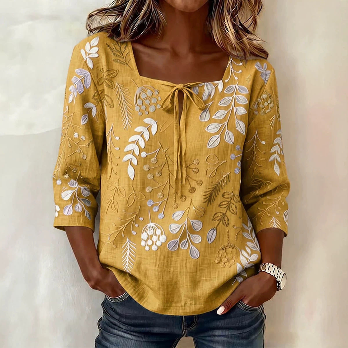 Womens Square-neck Three-quarter-sleeve Printed Blouse