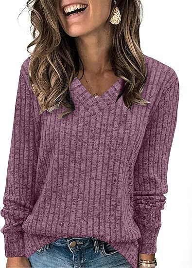 V-Neck Long Sleeve Brushed Stripe Tee