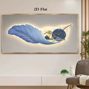 1pc Unframed Feather Wall Clock with Canvas Poster - 27.5x55.1in, Elegant Blue Feather Design with Golden Accents, Perfect for Bedroom, Office, Living Room, Cafe, Bar, and Home Decor, Clock Wall Decor