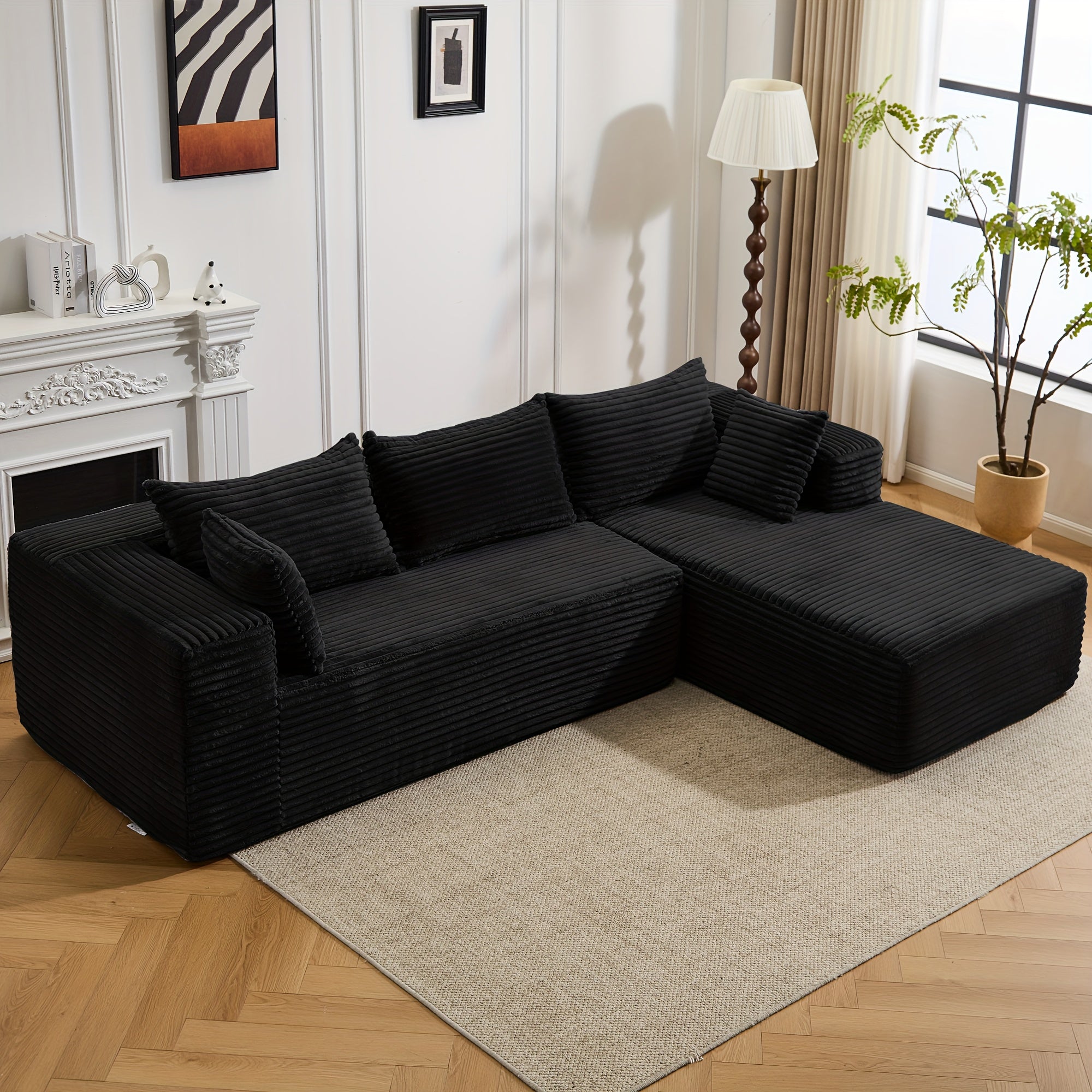 Modular L-shaped chaise longue sofa bed with deep seat and corduroy upholstery