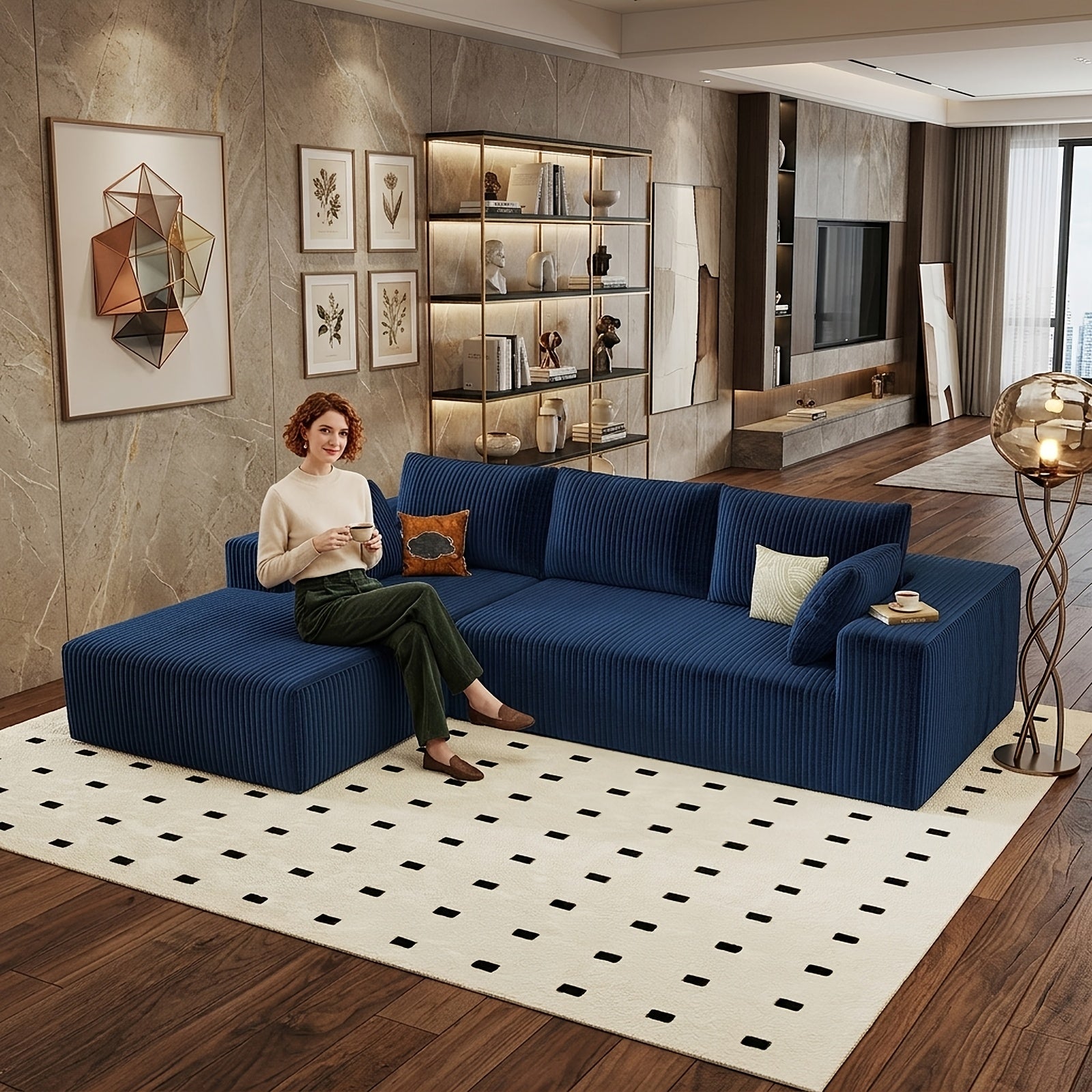 Modular L-shaped chaise longue sofa bed with deep seat and corduroy upholstery