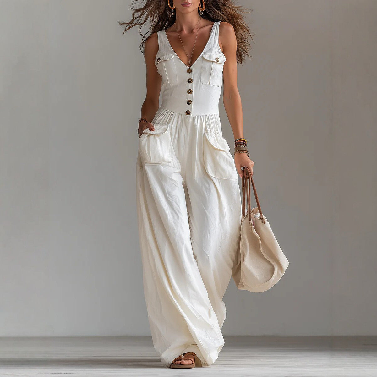Casual Sleeveless Wide-Leg Jumpsuit with Pockets