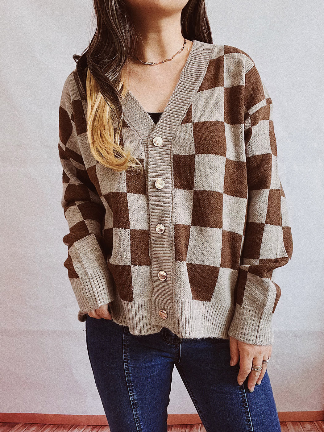 Asian Contrast Color Chessboard Plaid Autumn and Winter Women's Sweater