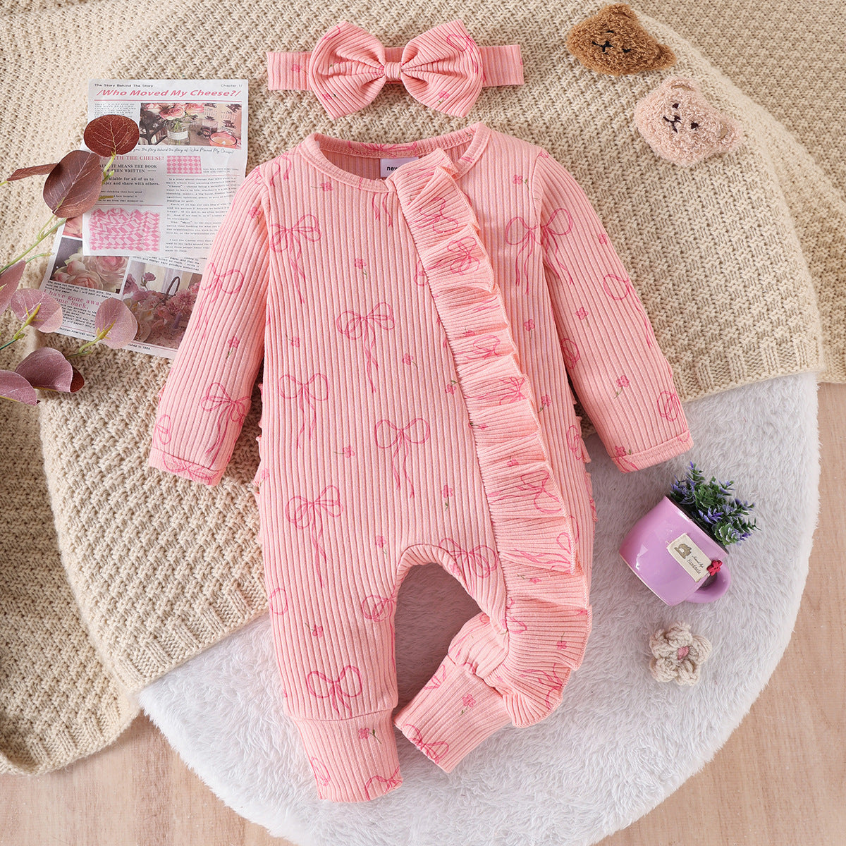 Baby Girl Cute Bowknot Long Sleeve Jumpsuit & Pants Set