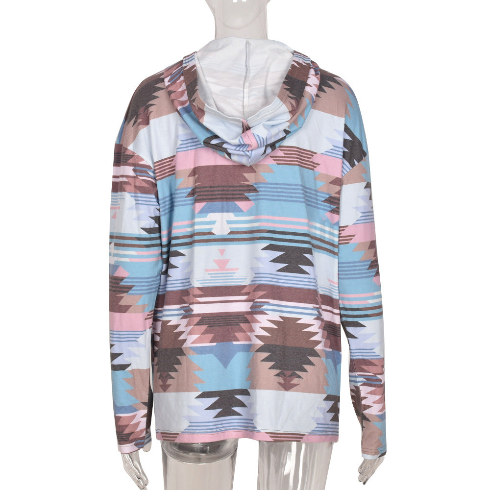Loose Contrast Pocket Pattern V-neck Hooded Sweater In Spring