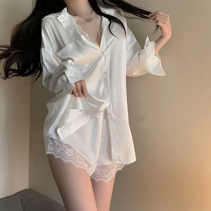 Lace Satin Ultra-girly White Shirt Pajamas