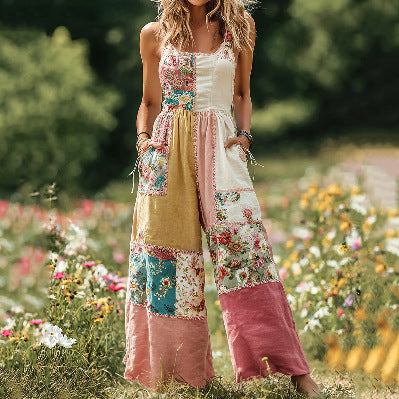 Women's Sweet Digital Print Button Suspender Casual Pants