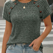 Ribbed Crew-Neck Button-Panel Short Sleeve Top – Effortless Style