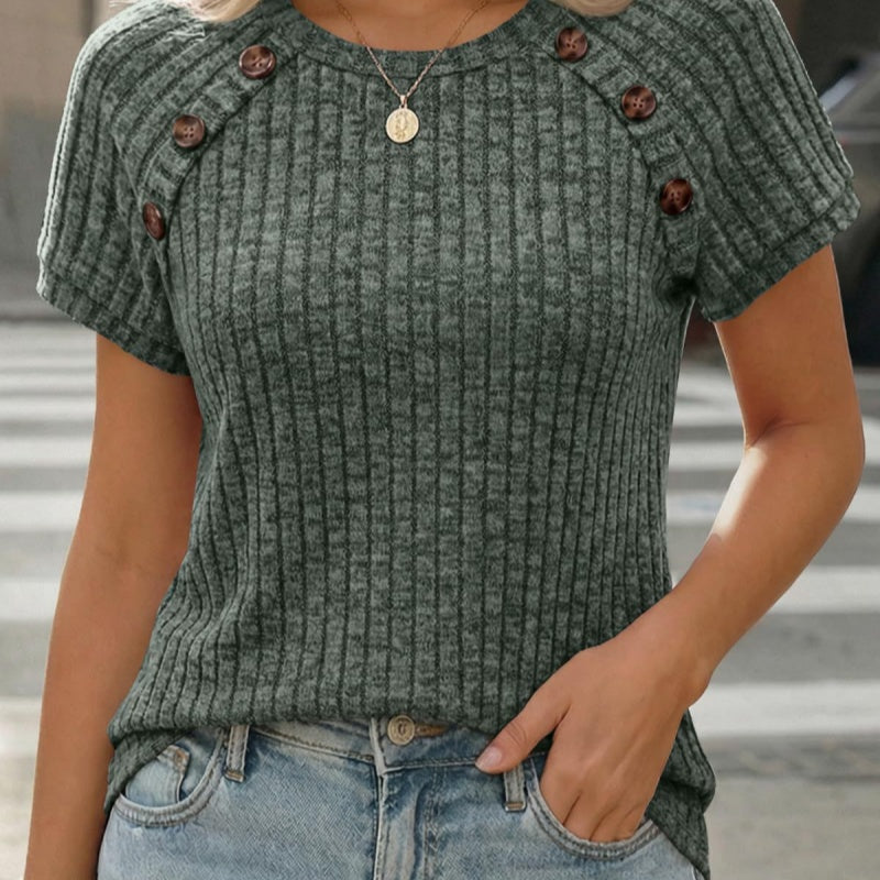 Ribbed Crew-Neck Button-Panel Short Sleeve Top – Effortless Style