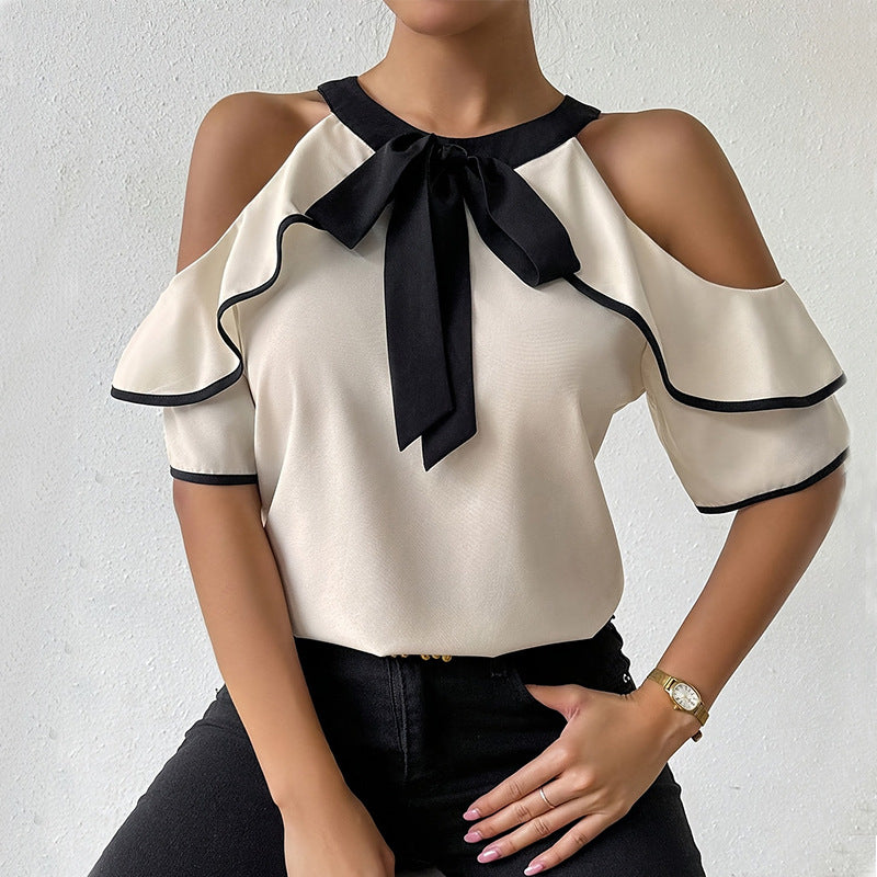 Women's Bow-Collar Pullover Shirt – Chic Short-Sleeve Top