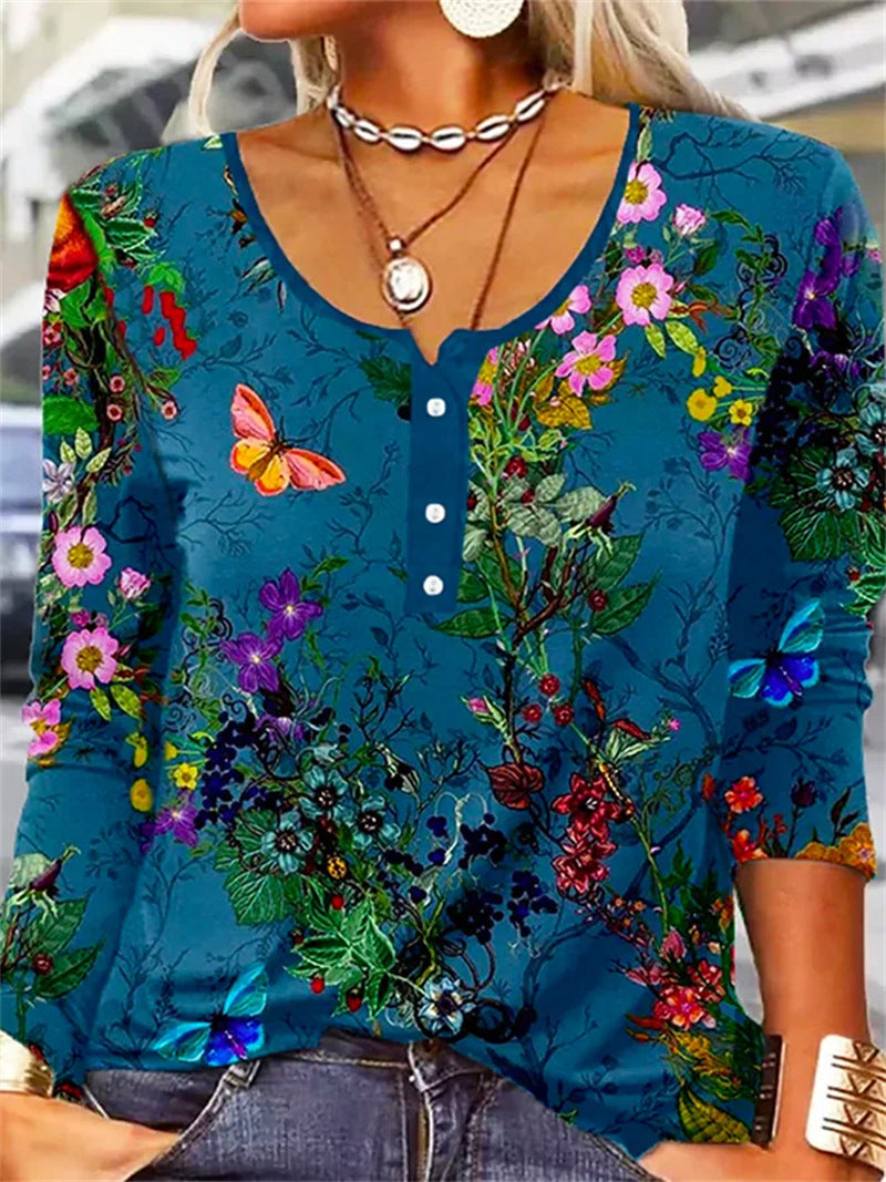 Women's Loose Long Sleeve Geometric Flower Mang U-neck Button T-shirt Women