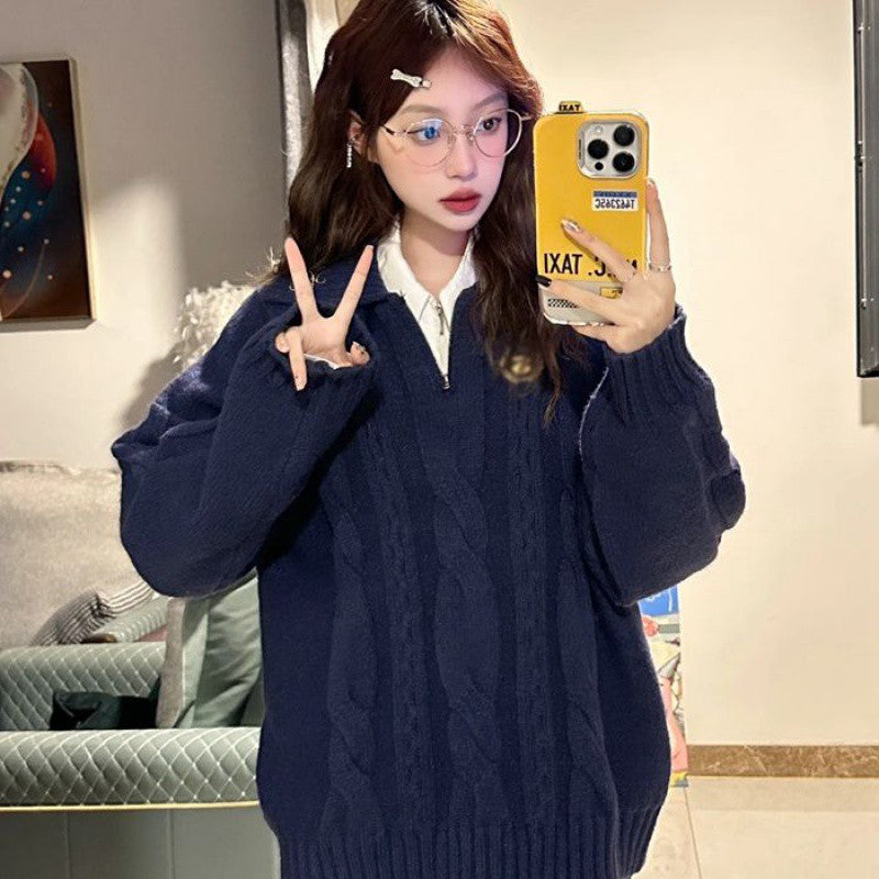 White Polo-collar Pullover Sweater for Women Autumn and Winter
