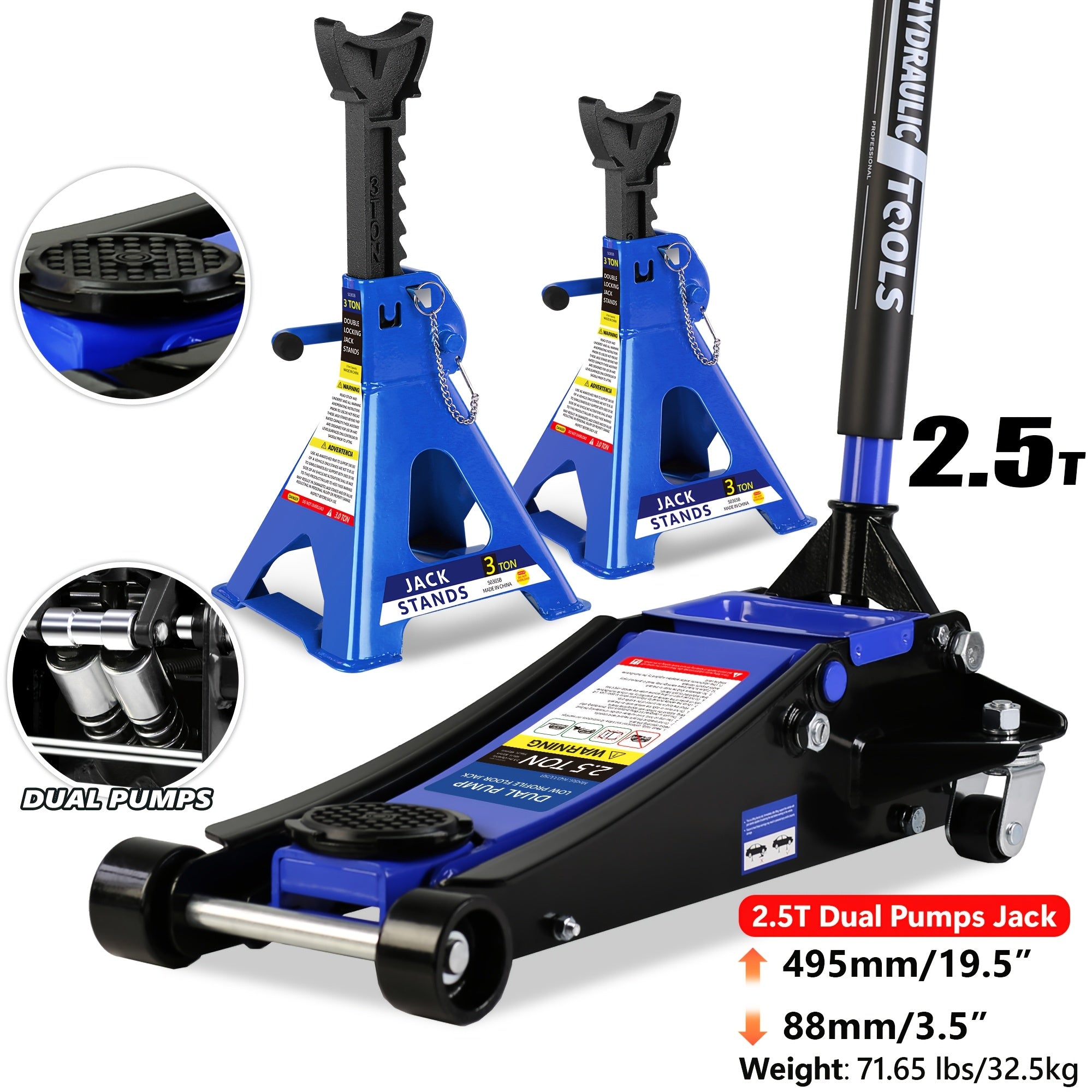 Hydraulic Trolley Floor Jack – Low Profile Steel Jack with Optional 2‑3.5 Ton Capacity and 2 Ratchet 3‑Ton Jack Stands