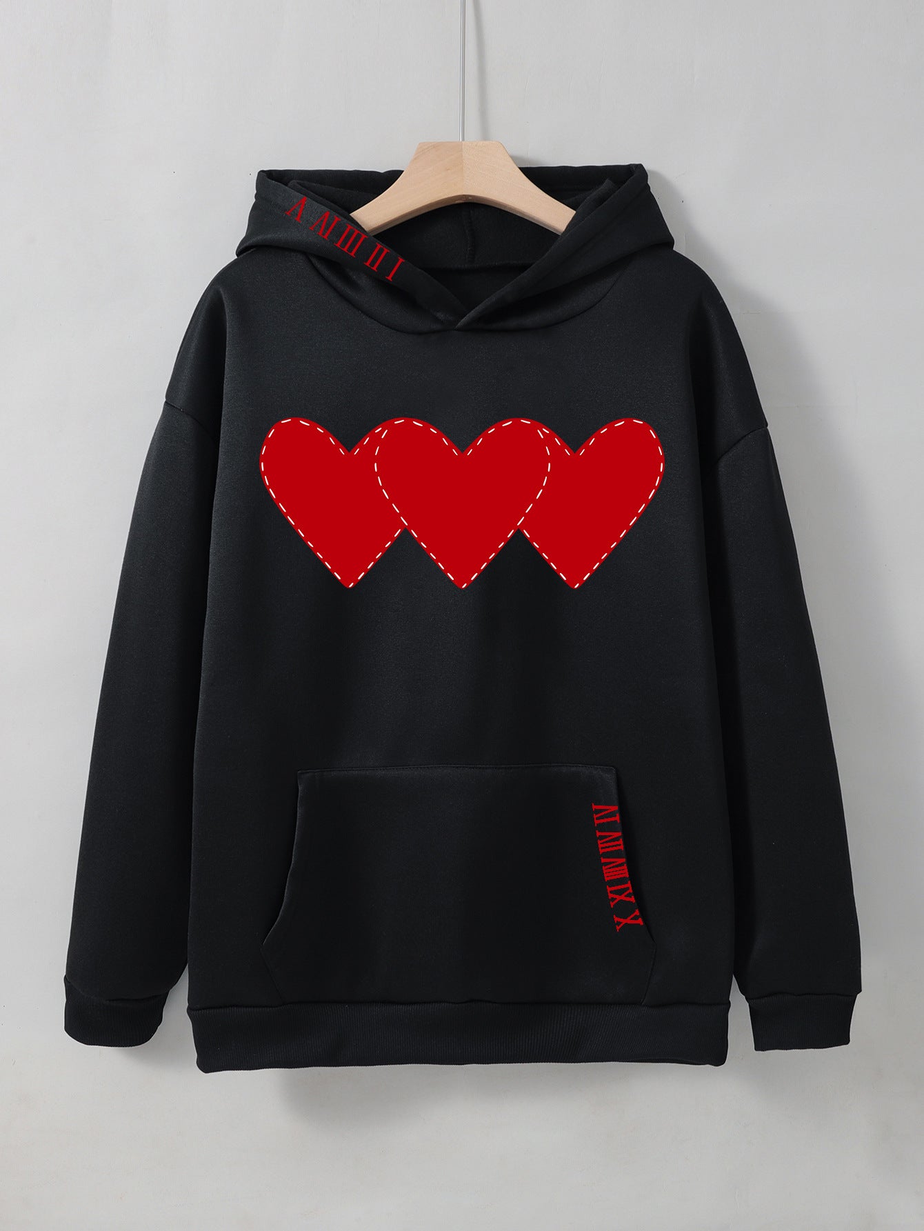 Women's Heart Print Brushed Fleece Drawstring Hoodie