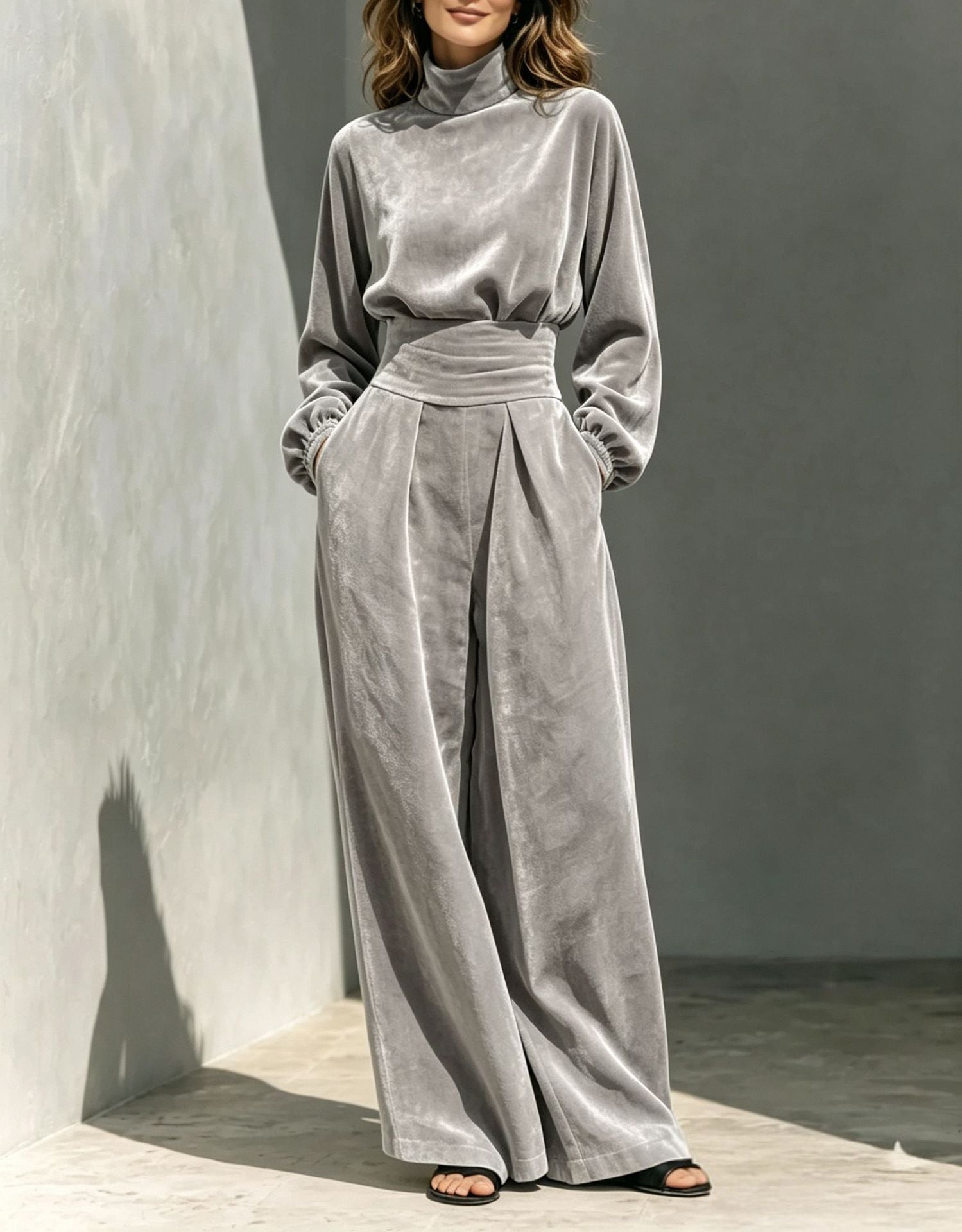 Velvet Turtleneck Belted Wide-Leg Jumpsuit
