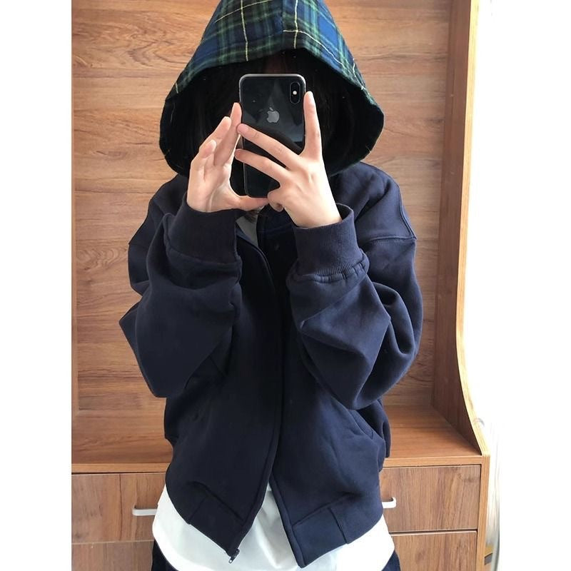 Retro Plaid Hoodie Korean Style Women Sweater