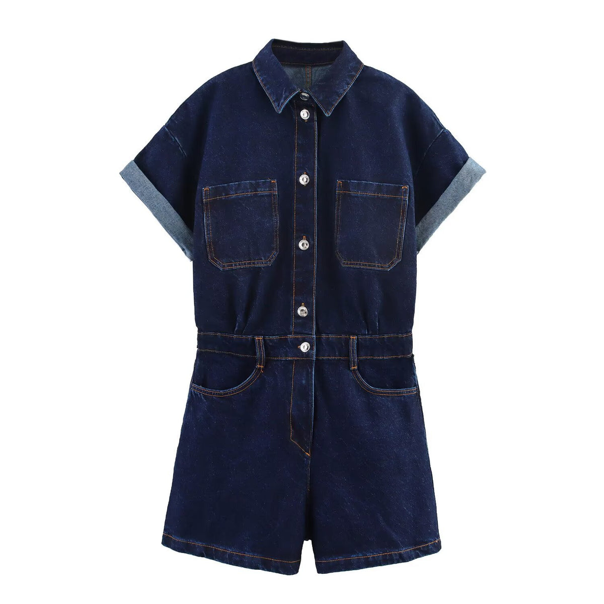 Lapel Multi-color Short Sleeve Denim Jumpsuit