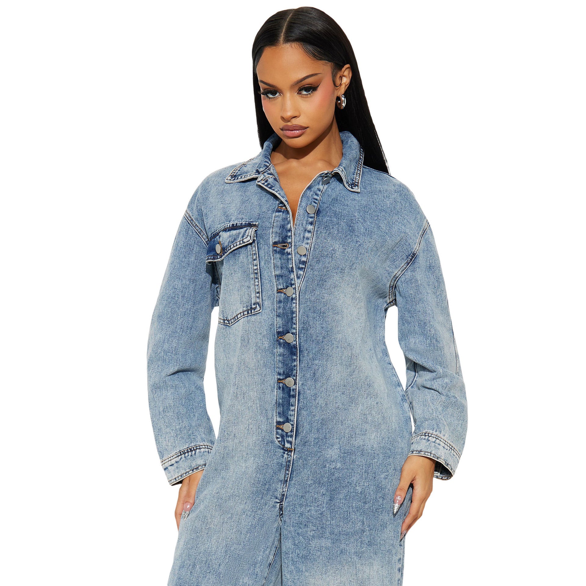Stretchy Washed Denim Long-Sleeve Flared Jumpsuit