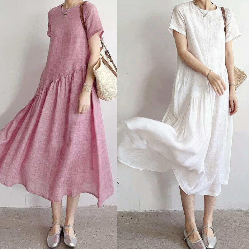 Womens Casual Cotton-linen Short-sleeve Dress