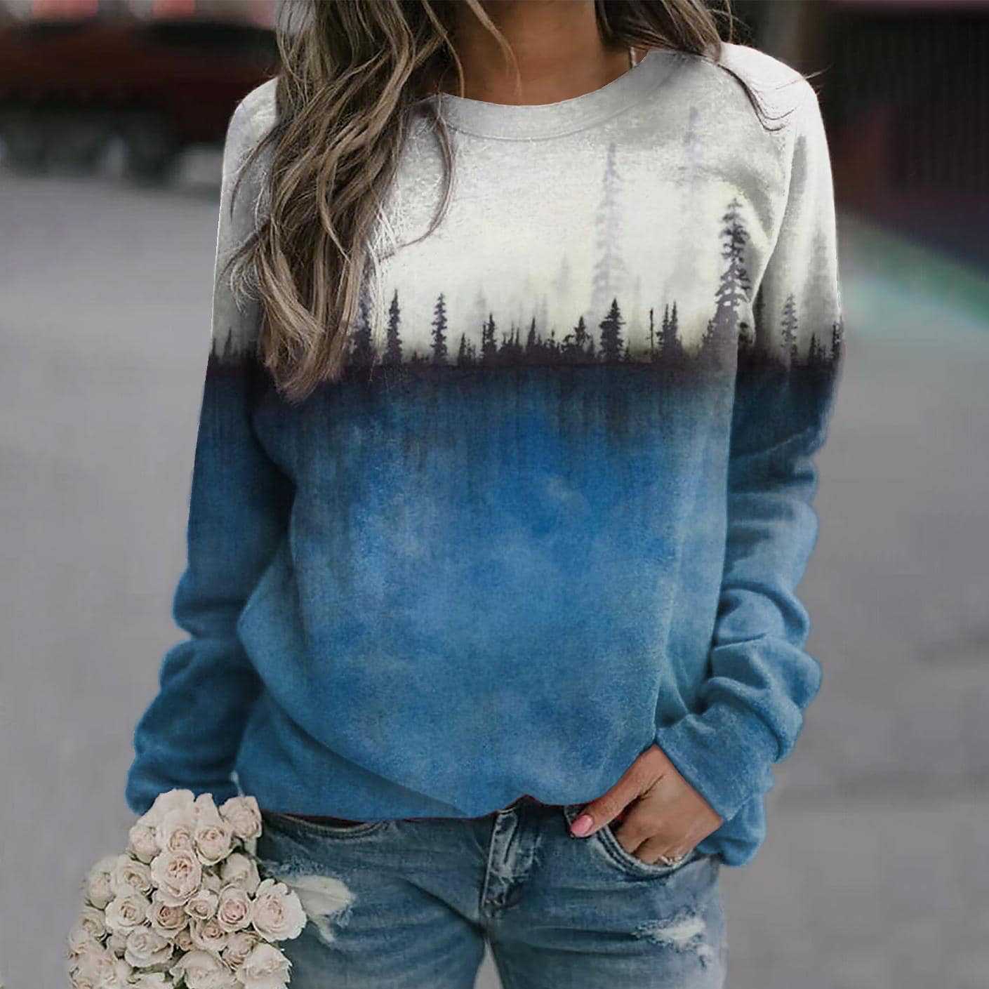 Women's Pine Print Crew Neck Casual Sweatshirt
