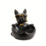 1pc Large Storage French Bulldog Decorative Statue, Black, with Glasses and Key Tray, Animal Theme Candy Organizer, Suitable for Home Office Desktop Decoration, Christmas, Thanksgiving, New Year Gift
