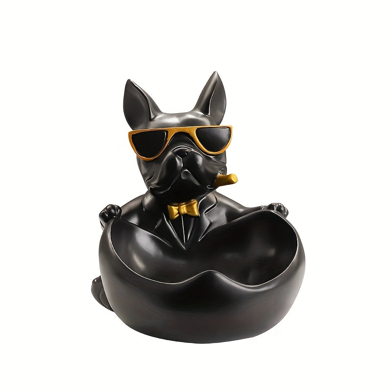 1pc Large Storage French Bulldog Decorative Statue, Black, with Glasses and Key Tray, Animal Theme Candy Organizer, Suitable for Home Office Desktop Decoration, Christmas, Thanksgiving, New Year Gift