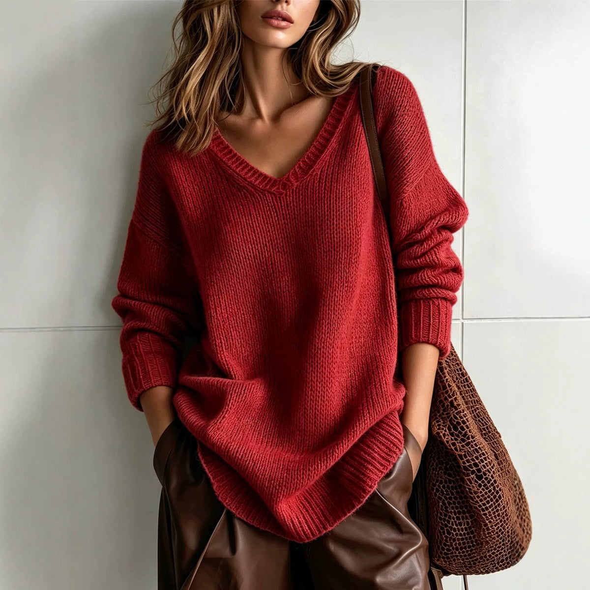 Womens Loose V-neck Pullover Top