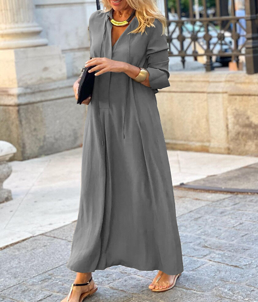 Solid Color V Neck Tie Front Long Sleeve Maxi Dress, Loose Flowy Long Dress for Casual Vacation & Daily Wear