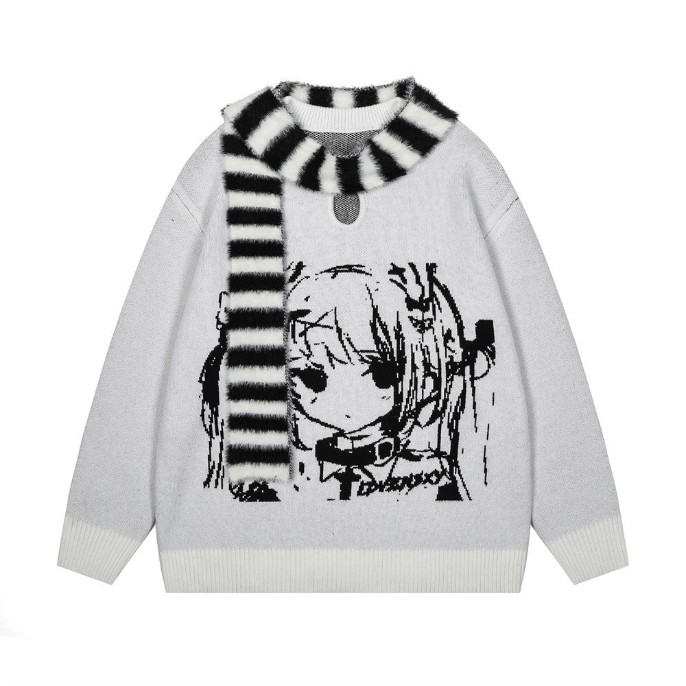 Anime Girl with Scarf Round Neck Sweater Men and Women Autumn and Winter Loose