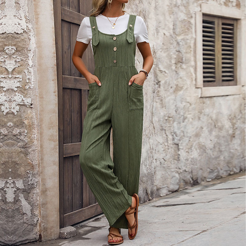 Casual Textured Pants Loose-Fitting Pleated Jumpsuit With Straps For Women