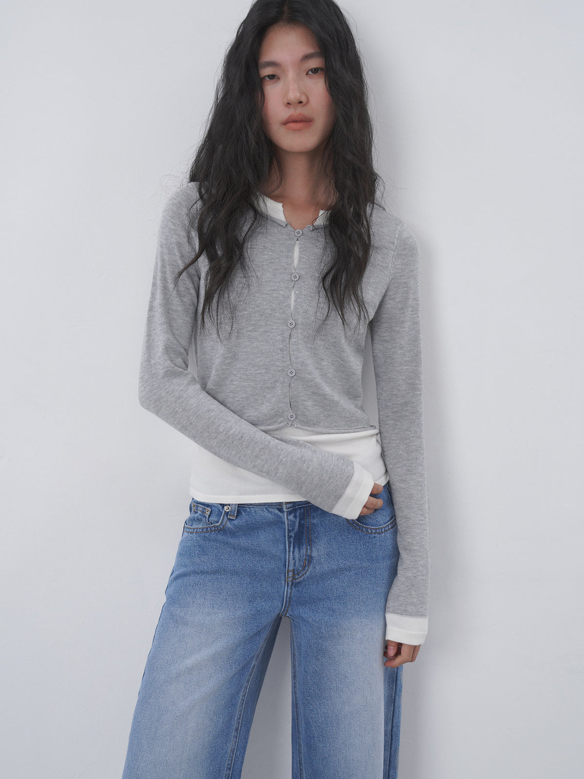 Fake Two-piece Hollow-out Knitted Sweater Womens Slim-fit Sweater