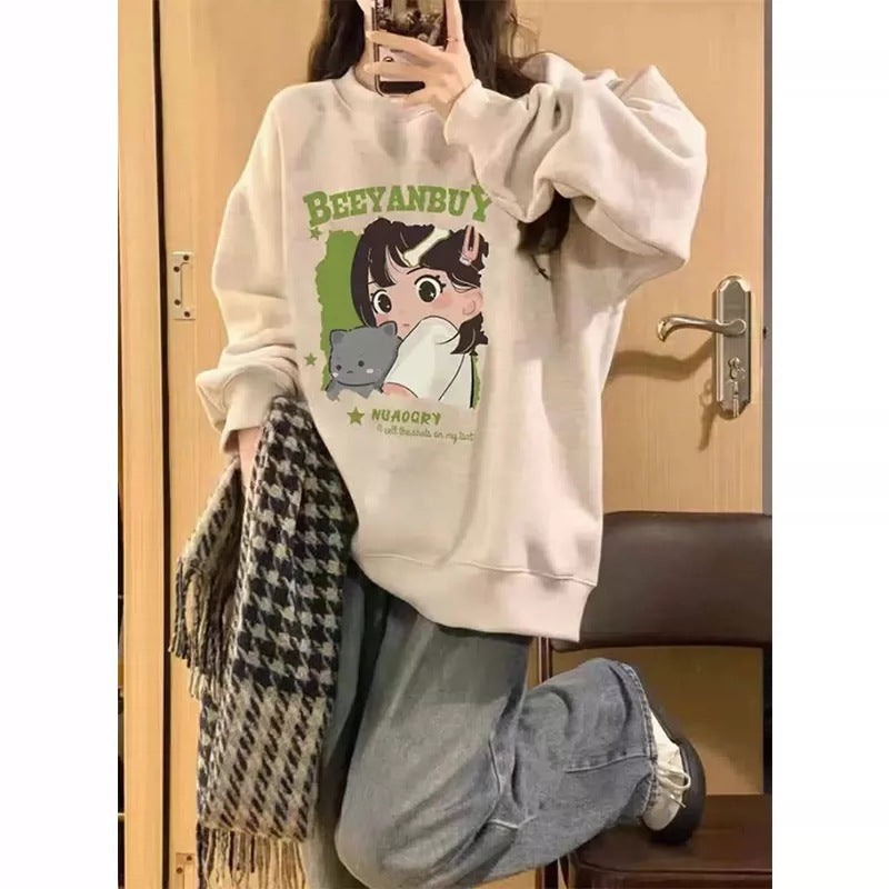 Cozy Fleece-Lined Cartoon Graphic Pullover Sweater