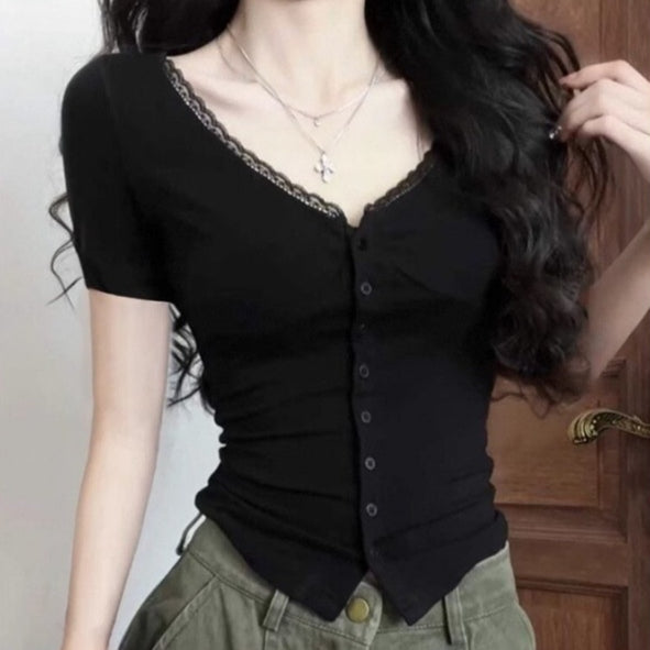 Sexy Lace Collar Short‑Sleeve Shirt – Slim Fit, Urban Chic