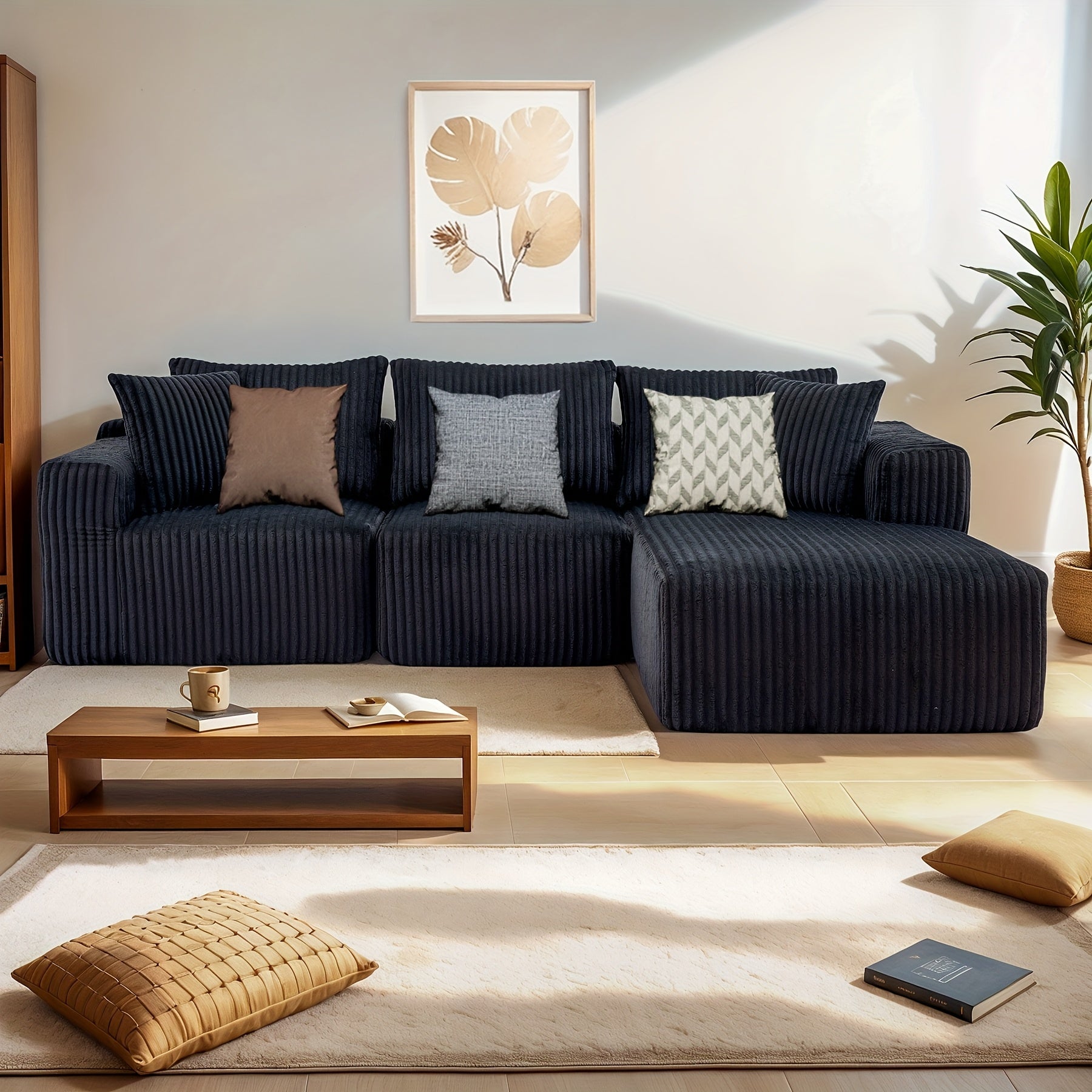 Modular L-shaped chaise longue sofa bed with deep seat and corduroy upholstery