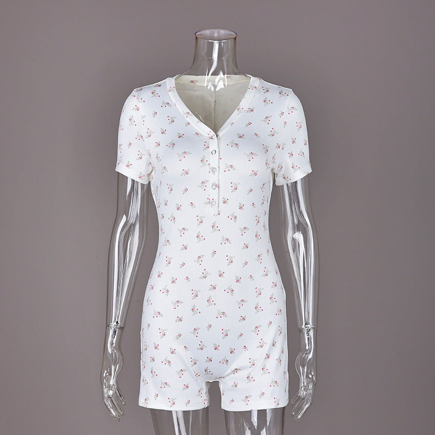 European And American-style Knitted Floral-print Slim-fit One-piece Pajamas