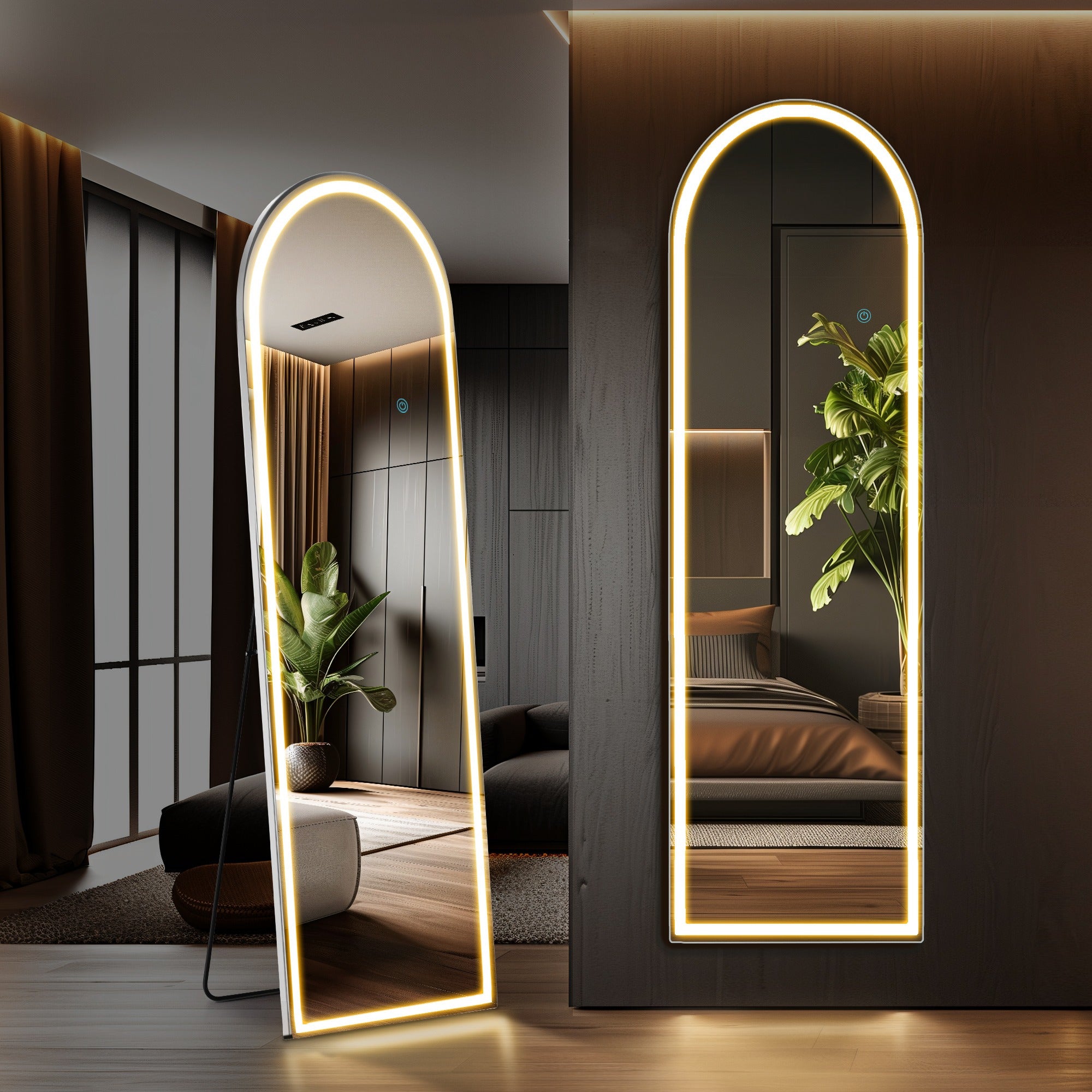 MCQ Arched/Rectangular LED Full Length Mirror, Full Body Floor Mirror Standing Hanging or Leaning Wall, Arch Wall Mirror with Stand Aluminum Alloy Thin Frame for Bedroom, Bathroom, Store