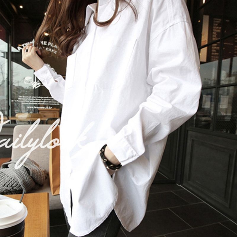 Mid-length White Shirt Women's Long Sleeve