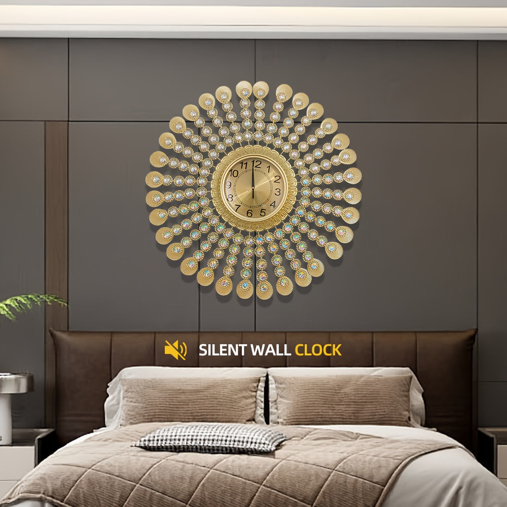 Large Living Room Wall Clock Modern Golden Silent Wall Clock Elegant 3D Modern Wall Clock Dial with Numbers Without Scale Suitable for Bedroom, Kitchen, Office Home Decor 29 Inch Vintage Crystal Clock Wall Decor