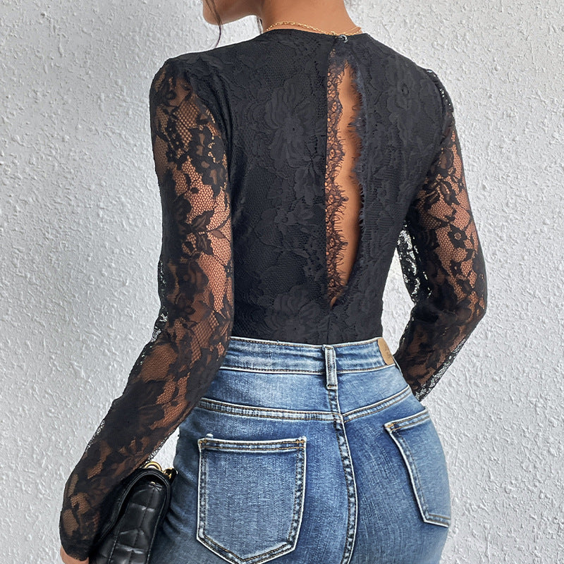 Lace V-Neck Slim Fit Long-Sleeve Romper