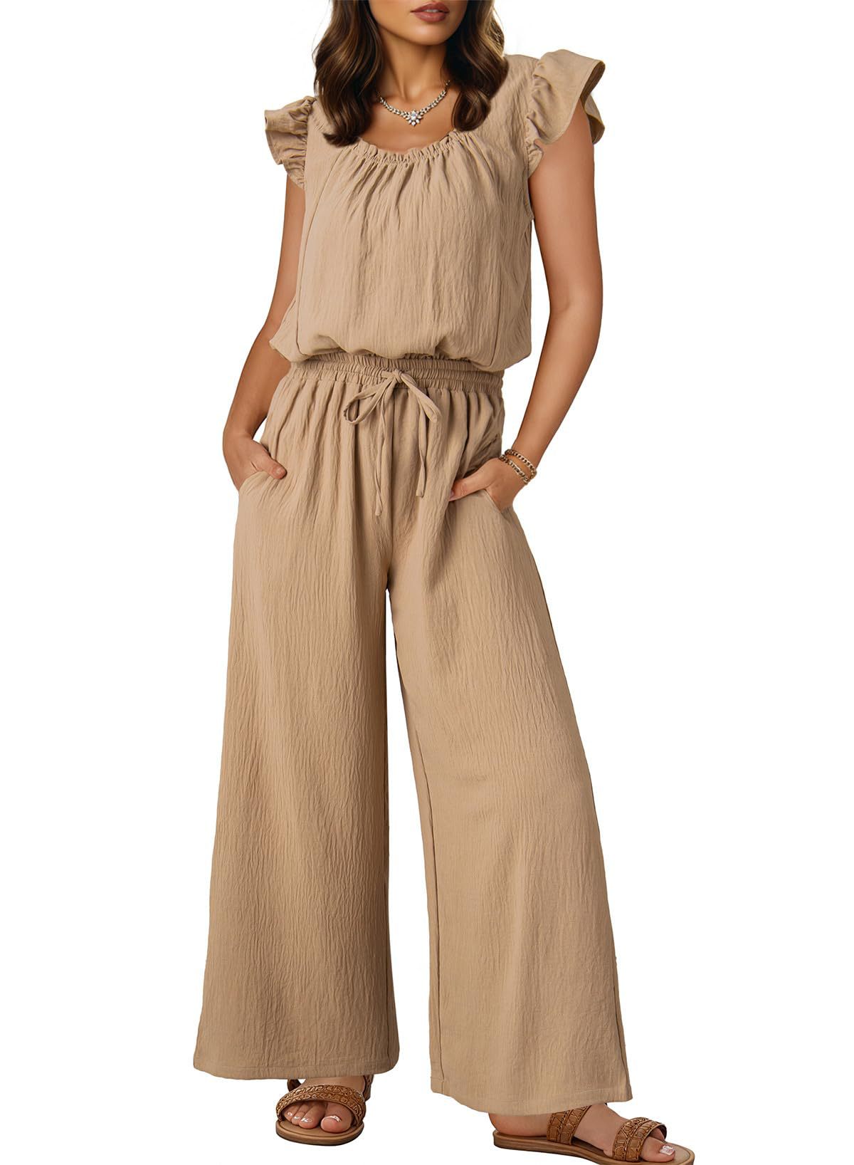 Solid-color Sleeveless Ruffle-sleeve One-piece Jumpsuit For Women