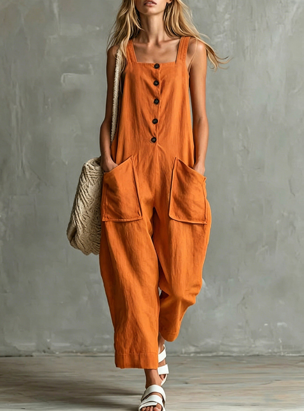 Wide-Leg Linen Overalls with Pockets