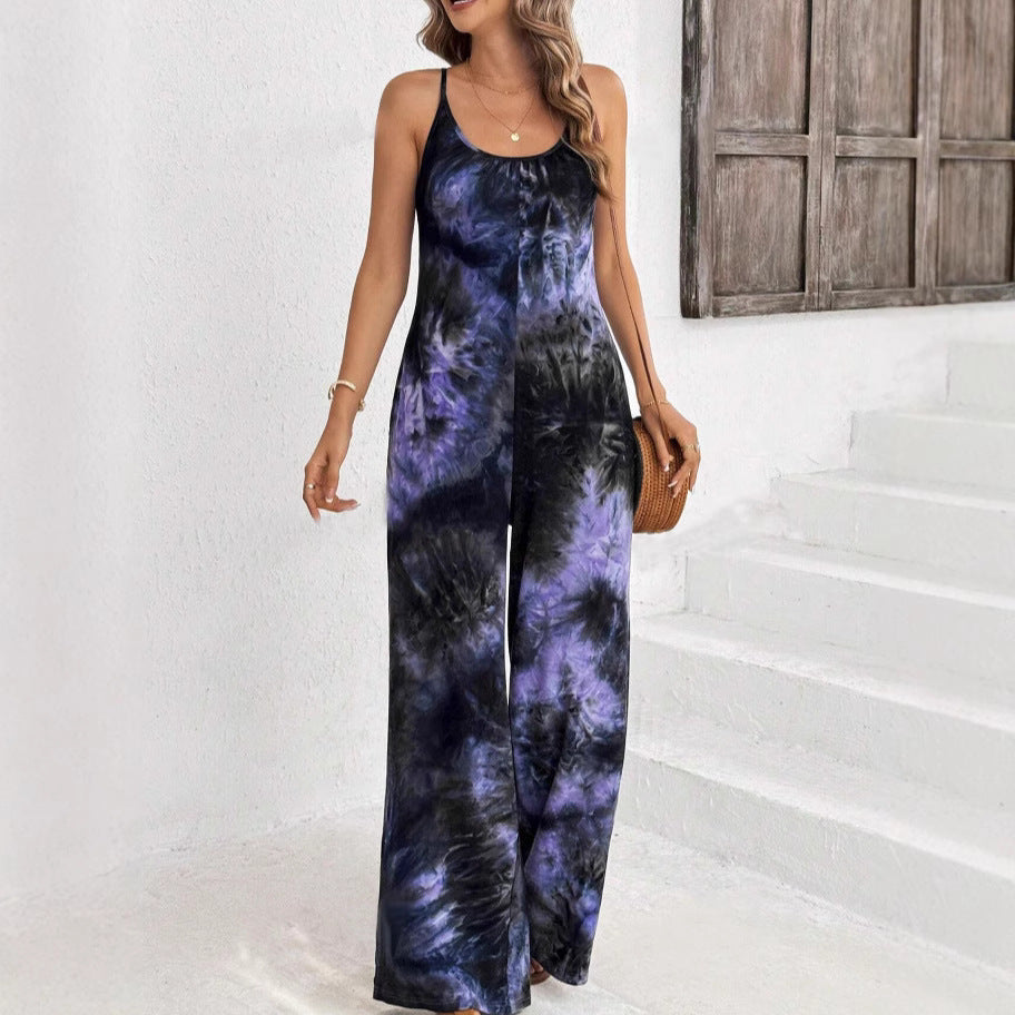 Chic Sleeveless Printed Contrast Strap Jumpsuit