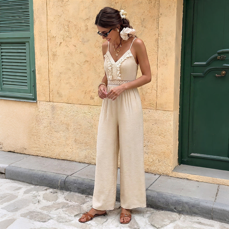 Solid-color Lace Fringed Patchwork Strap Jumpsuit Pants