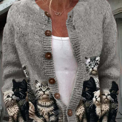 Women's 3D Digital Print Knitted Cardigan Sweater