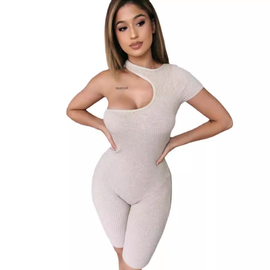 High-Stretch One-Shoulder Short Jumpsuit