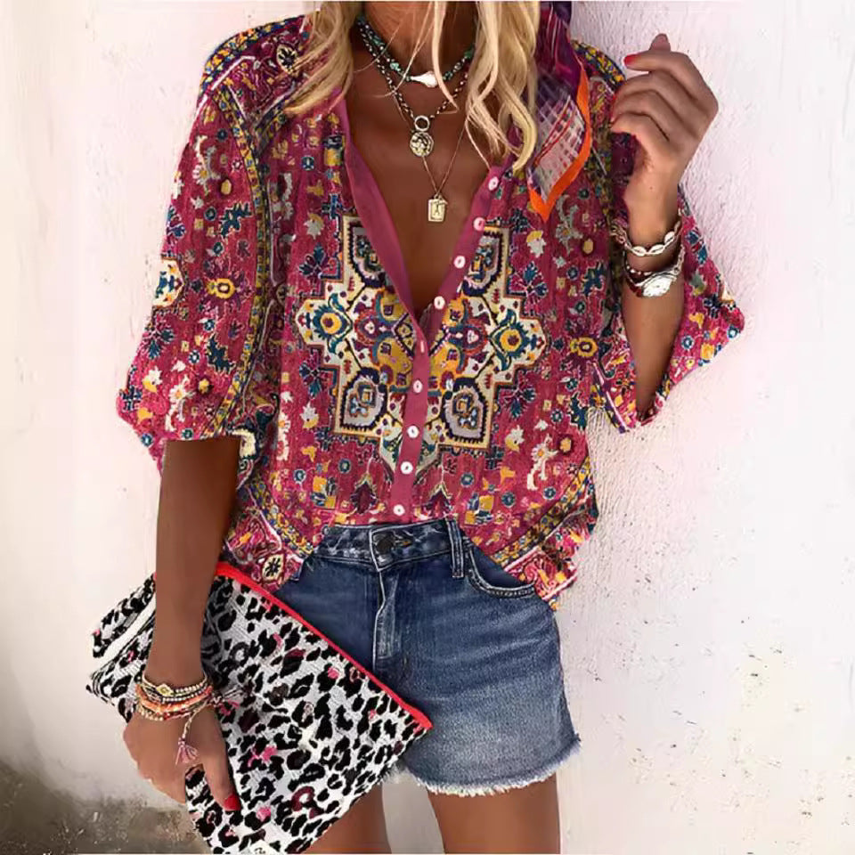 Women's Retro Fashion Stand Collar Loose Button Printed Casual Shirt